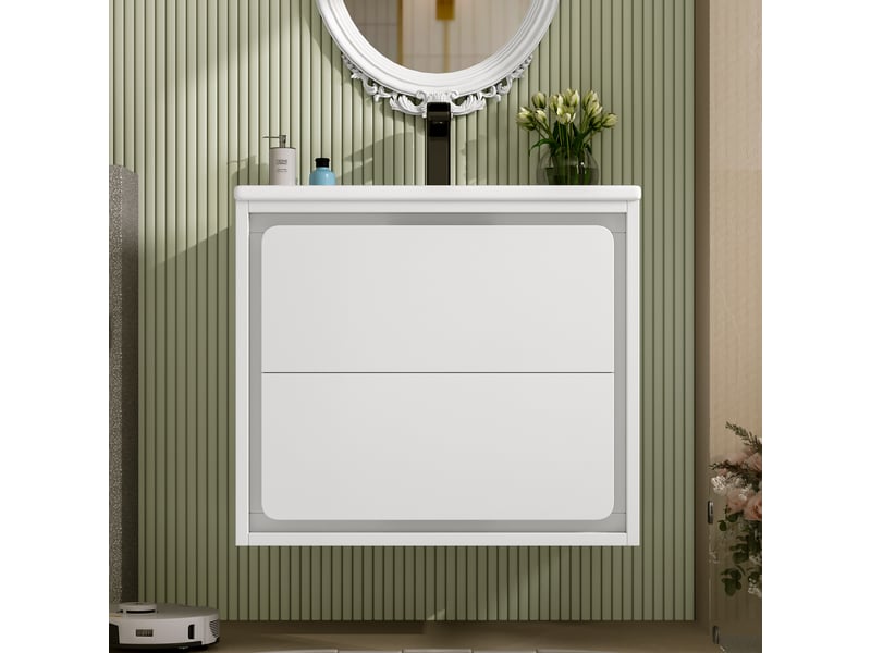 Meuble vasque mural salle de bain blanc 60 cm avec lavabo intégré, led radar et 2 tiroirs silencieux  - Conforama B