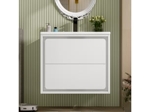 Meuble vasque mural salle de bain blanc 60 cm avec lavabo intégré, led radar et 2 tiroirs silencieux