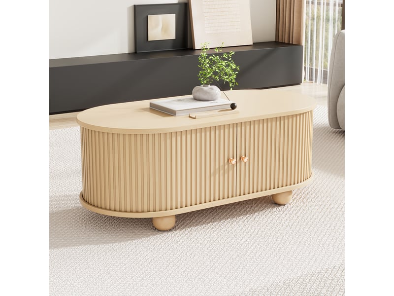  Table basse ovale en bois avec rangement 100x50x40 cm portes coulissantes rainurées meuble gain de place  - Conforama B