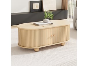 Table basse ovale en bois avec rangement 100x50x40 cm portes coulissantes rainurées meuble gain de place