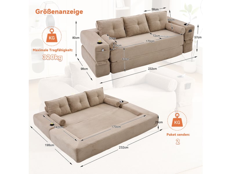  Canapé-lit 3 places en velours côtelé kaki avec porte-gobelet et poches  - Conforama C