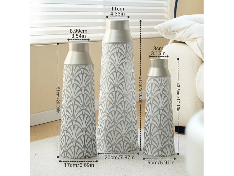  Lot de 3 vases décoratifs sur pied en métal blanc et argenté, h 43,5 à 61 cm  - Conforama B