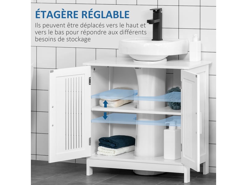  Meuble sous lavabo blanc 60 cm, 2 portes rainurées et étagère réglable  - Conforama W