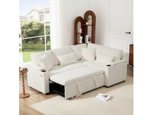 Canapé d'angle convertible 4 places en velours côtelé beige, rangement et usb, méridienne droite fixe