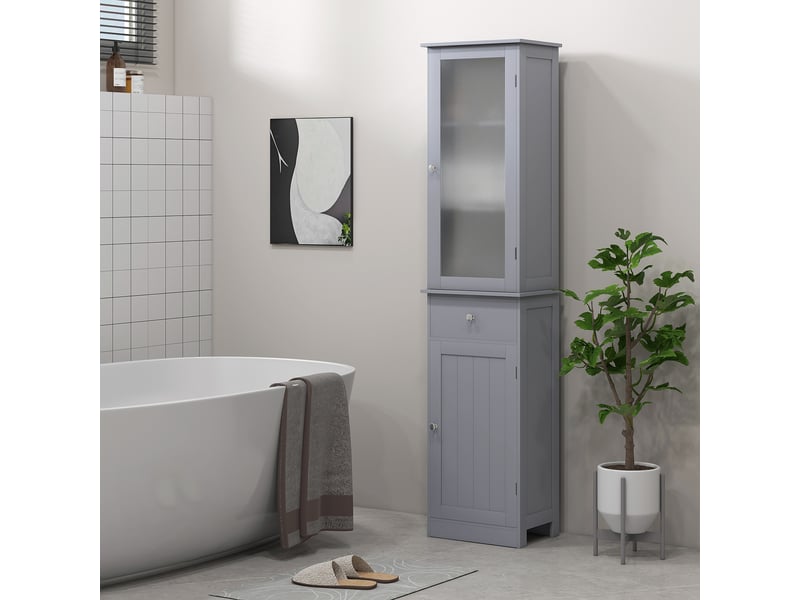Meuble colonne de salle de bain placard porte acrylique 2 étagères porte placard 1 étagère tiroir mdf gris - Conforama B