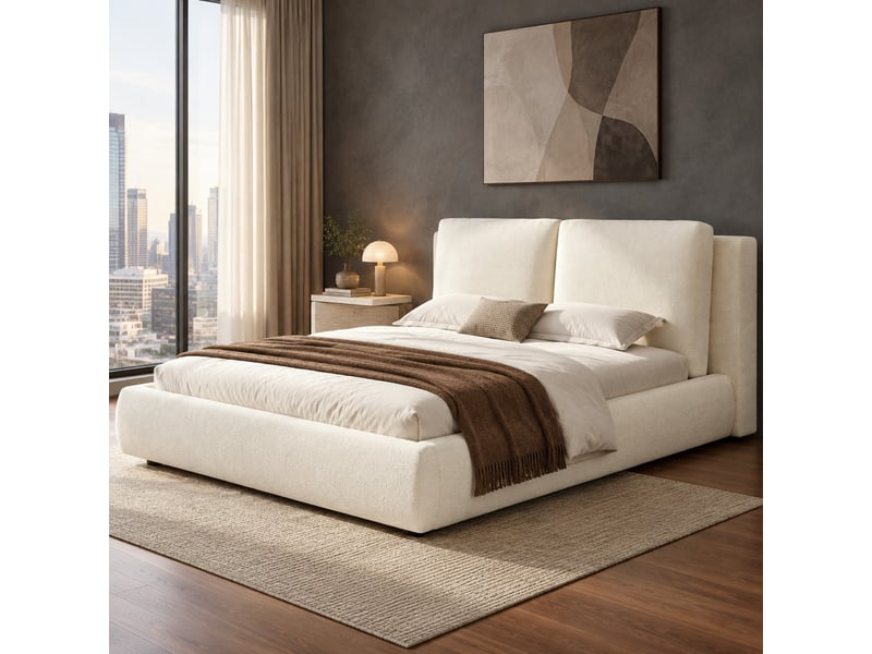  Lit double 180 x 200 cm beige bouclé avec sommier à lattes et tête de lit rembourrée  - Conforama D