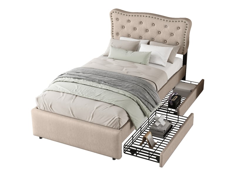  Lit moderne simple 90x200 cm avec 2 tiroirs, lin et mdf, beige foncé, sans matelas  - Conforama A