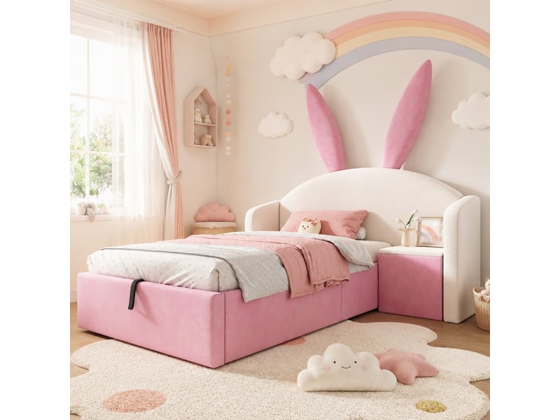  Lit enfant 90x190 cm rangement avec table de chevet en velours beige et rose  - Conforama D