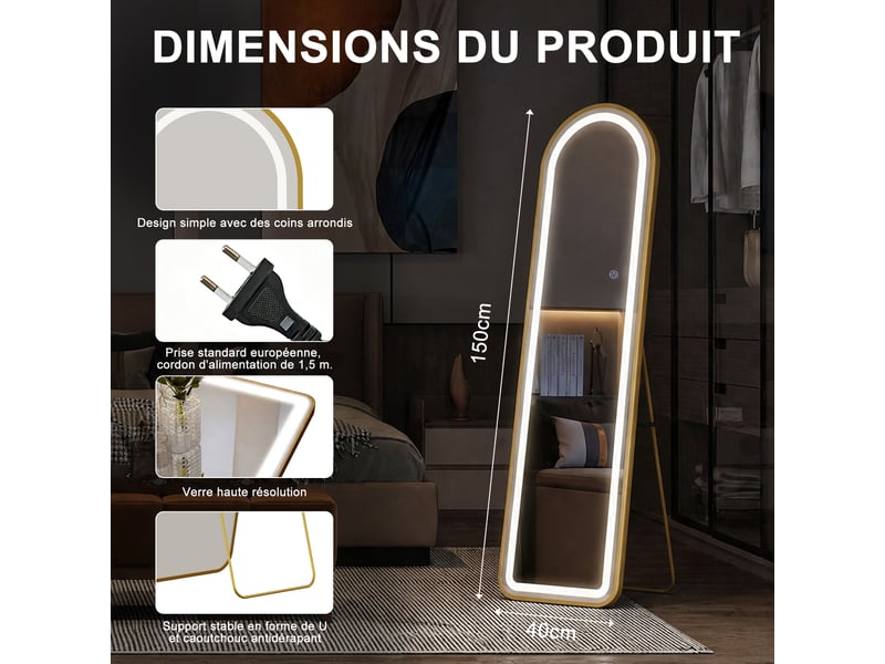  Miroir led pleine longueur 150x40 cm,miroir mural, éclairage 3 couleurs ,verre trempé, cadre aluminium doré,arqué  - Conforama C