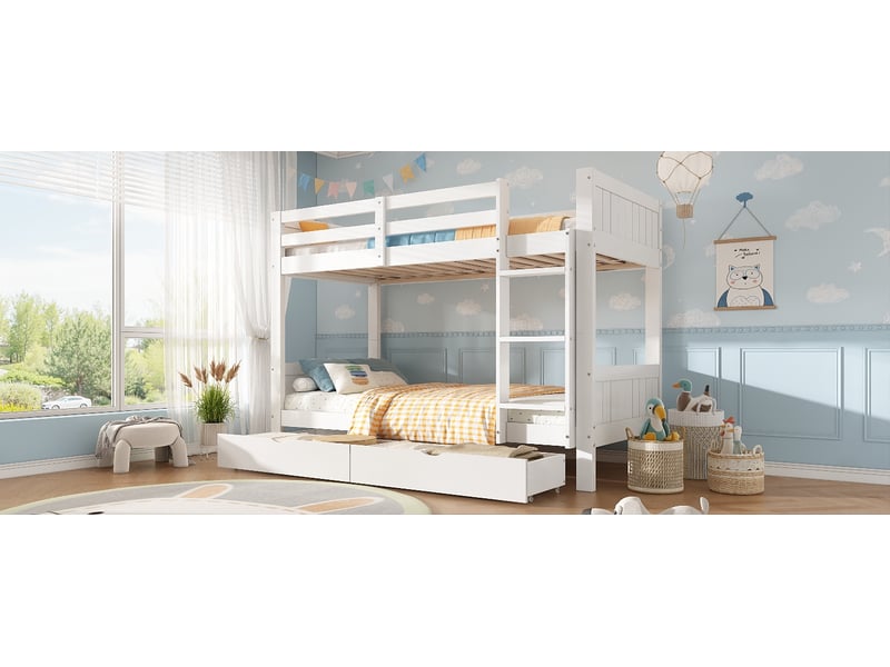  Lit superposé 90x200 cm en bois blanc pin et mdf convertible en 2 lits simples avec échelle barrière de sécurité et 2 grands tiroirs Sol Morn - Conforama D