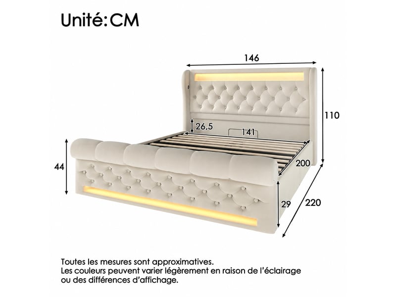 Lit coffre hydraulique avec led, usb et type-c, velours beige, 140 x 200 cm - Conforama C