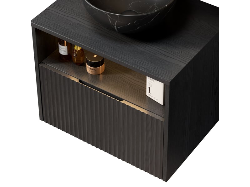  Meuble sous vasque mural avec 1 tiroir, façade en bois massif, sans vasque, pour salle de bain, en noir, 69×55×54 cm  - Conforama B