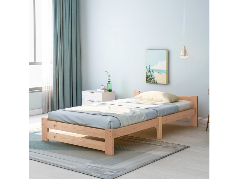  Lit simple 90x200 cm avec tête de lit et sommier à lattes en bois naturel  - Conforama B