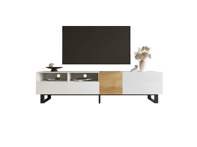  Meuble tv 180 x 38 x 50 cm, 2 tiroirs et 2 portes, blanc et décor bois  - Conforama A