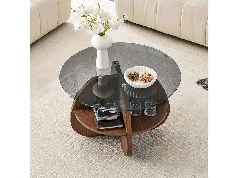  Table basse ronde 74,90x74,90x48,00 cm en verre gris et mdf effet bois foncé  - Conforama E