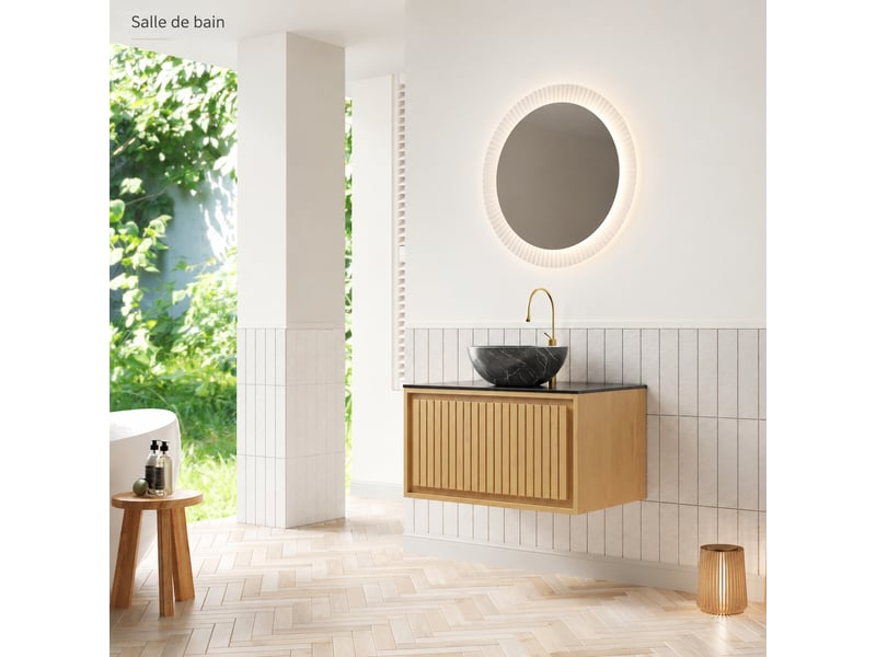  Meuble vasque suspendu 61 cm effet chêne avec vasque noire en céramique et plan en pierre frittée  - Conforama E