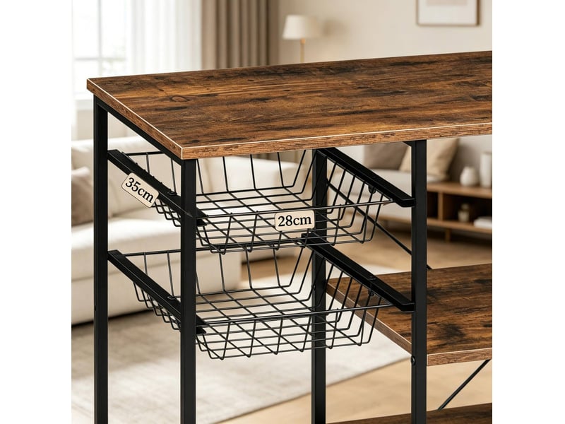  Meuble de rangement cuisine 90x40x82 cm ouvert avec paniers et crochets, panneau de particules et métal, noir et marron  - Conforama D
