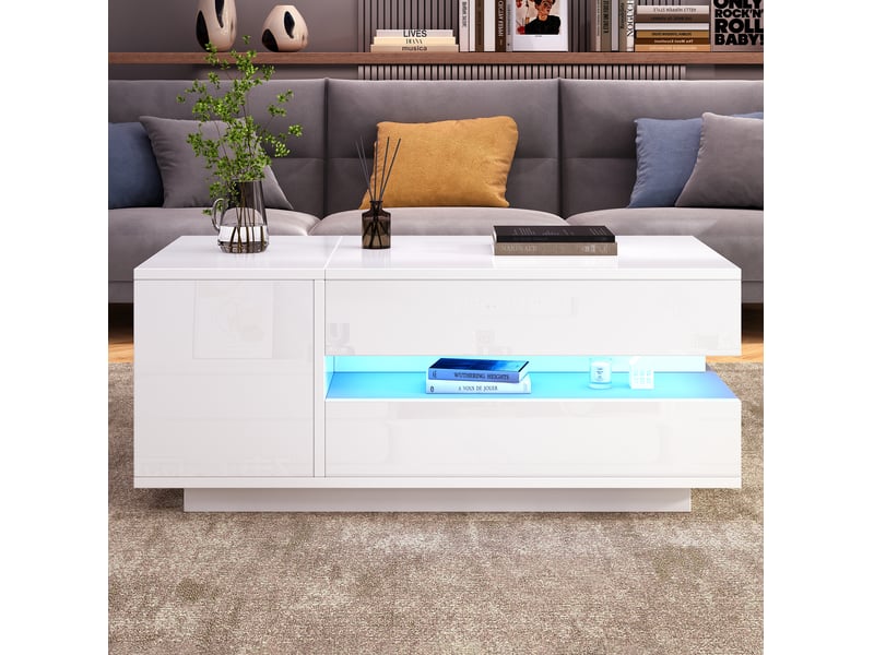  Table basse relevable avec 1 tiroir, 1 porte et led, rangement caché, pour salon, 90 × 50 × 34,5 cm, blanc  - Conforama C