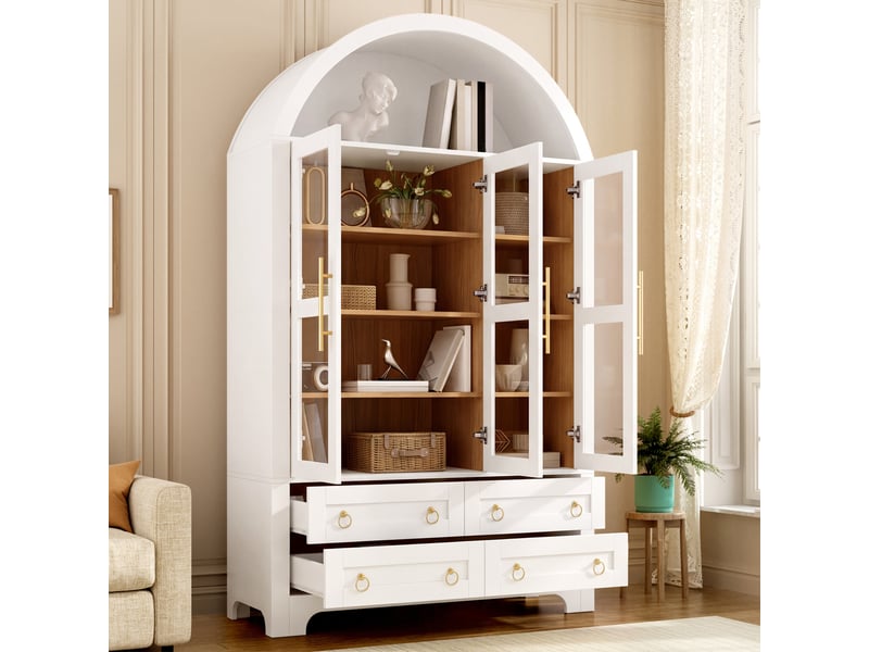  Buffet haut blanc, 3 portes vitrées, 4 tiroirs, niche ouverte en arche arrondie, poignées en aluminium, pb et mdf  - Conforama D