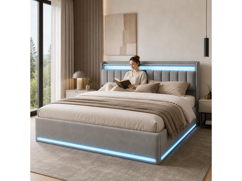 Lit coffre 140x190 cm avec éclairage led et port usb, lit adulte avec tête de lit avec rangement, lits 2 personnes, velours, gris - Conforama B