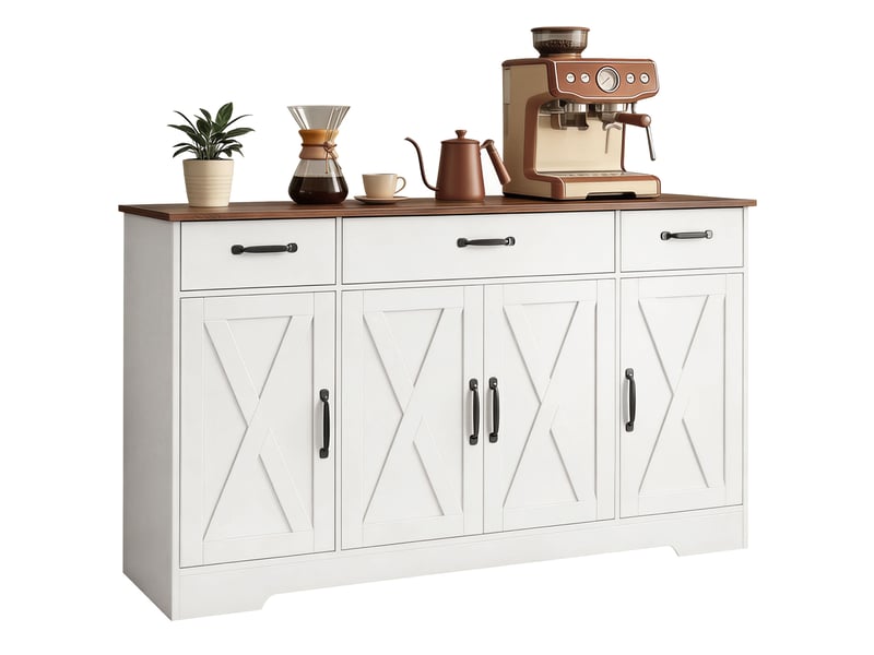  Buffet, meuble de rangement cuisine style ferme avec 4 portes de grange, 3 tiroirs, étagères ajustables, blanc  - Conforama A