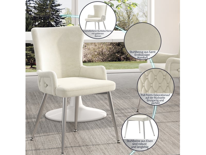  Lot de 6 chaise de salle à manger en velours, 49 x 45 cm – beige et argenté – pieds en métal design chic  - Conforama E