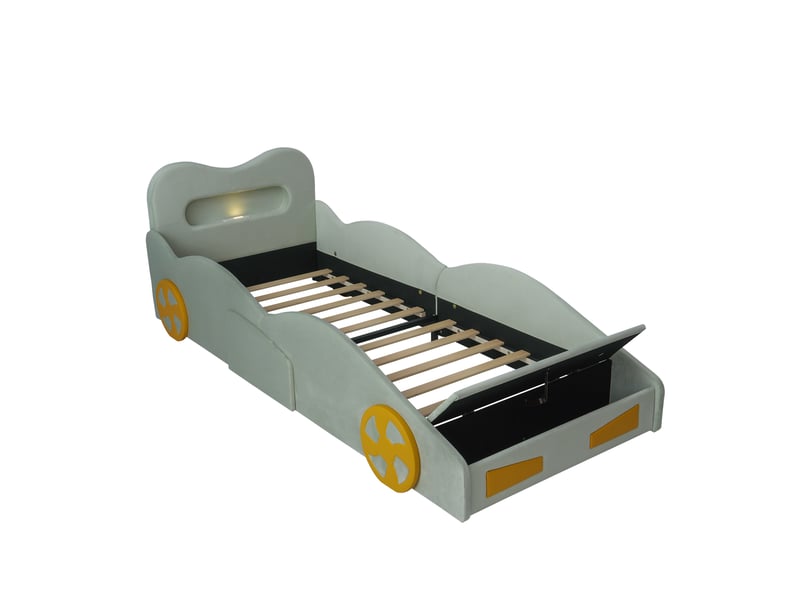 Lit enfant voiture 90x200 cm avec rangement en flanelle verte, sans matelas - Conforama E
