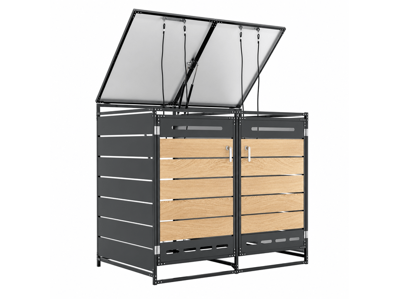 Coffre de jardin en fer avec couvercle hydraulique bardage aspect bois horizontal ventilation à fentes longues et serrure - Conforama A