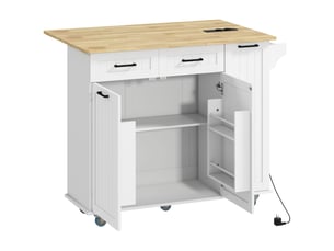 Îlot central cuisine mobile avec prise de courant et port usb, étagère réglable blanc, tablette à abattant