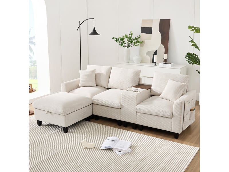  Canapé d'angle ulevr convertible 4 places avec rangement, usb et porte-gobelets, velours côtelé beige 229 x 149,5 x 83 cm  - Conforama E