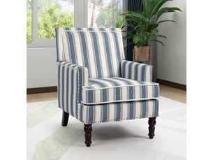 Fauteuil de salon vintage 64x69x89cm - fauteuil d'accent rembourré avec clous décoratifs et pieds en bois massif - tissu de lin -bleu et blanc