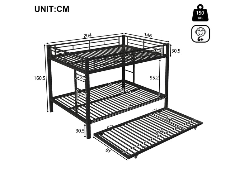  Lit superposé enfant 140x200 cm en métal noir avec lit gigogne 90x190 cm  - Conforama C