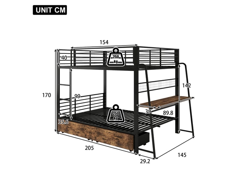  Lit superposé 140 × 200 cm avec bureau, 2 tiroirs, led, prises, échelle et barrières pour chambre 237 × 145 × 170 cm  - Conforama C