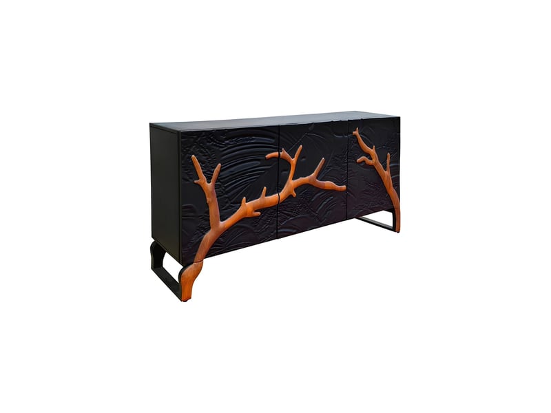  Buffet amazia 160 cm 3 portes – bois de manguier noir et marron – façades sculptées  - Conforama A