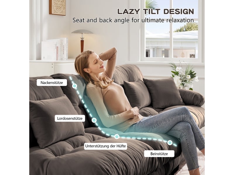 Canapé d'angle cloud en chenille beige clair, sofa salon avec 2 coussins lombaires, 2 coussins déco, 2 ottomans, larges accoudoirs - Conforama C