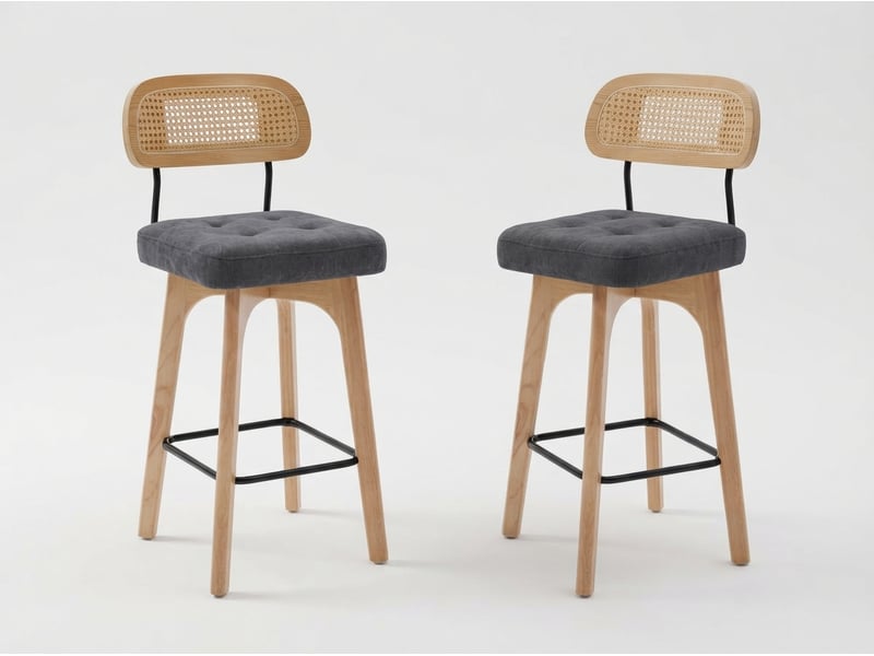  Lot de 2 tabourets de bar pivotants avec dossier effet rotin et assise en chenille beige, piètement bois et métal, design pour îlot central et cuisine  - Conforama A