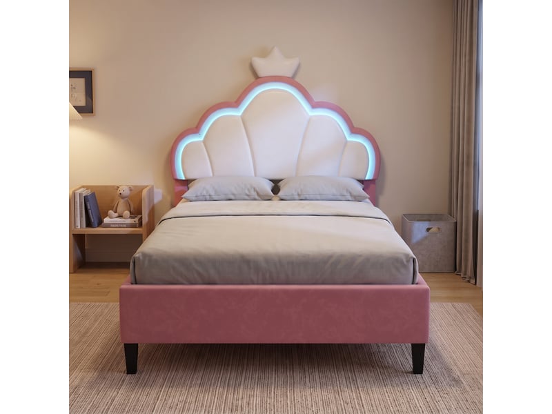  Lit simple 90x200, éclairage led, lit enfant, tête de lit forme couronne ajustable, velours, style moderne, blanc+rose  - Conforama B