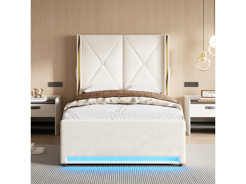  Lit velours 90x200cm tête haute matelassée, poches latérales, usb, led, rangement hydraulique  - Conforama B