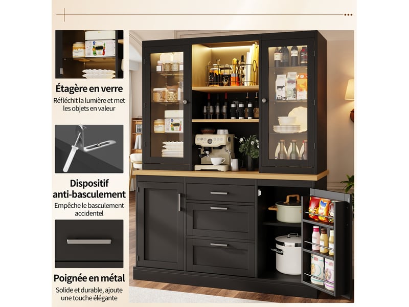  Buffet de cuisine 140x40x185 cm, led rgb pilotage app, 3 tiroirs, portes vitrées, étagères réglables, mdf métal, noir  - Conforama D