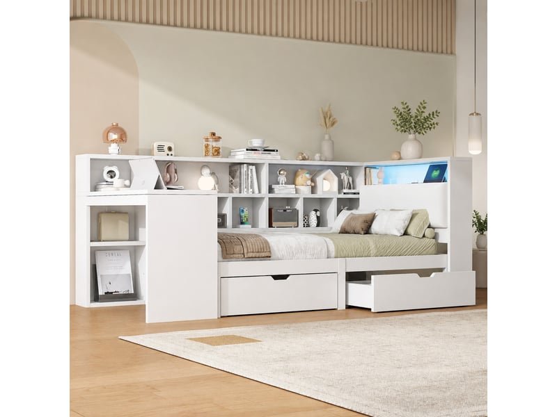  Lit combiné simple en mdf, avec bureau, rangements et led, 200×90 cm, blanc  - Conforama C