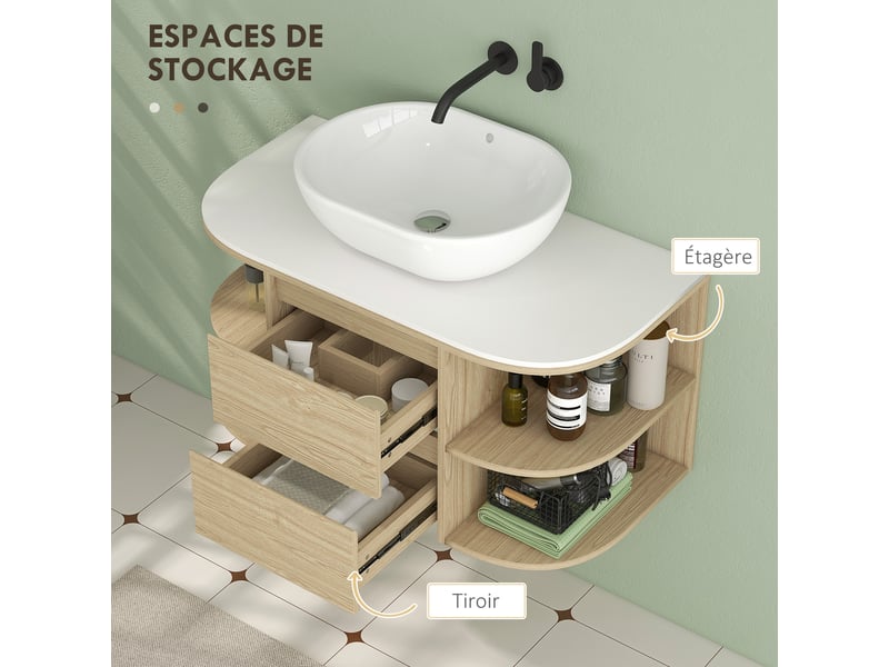  Meuble sous vasque suspendu marron, 90 cm, 2 tiroirs et 4 étagères  - Conforama W