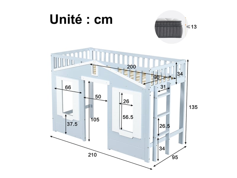 Lit mezzanine enfant, lit simple avec échelle à gauche ou à droite, fenêtres et espace libre, 90x200 cm, sans matelas - Conforama D