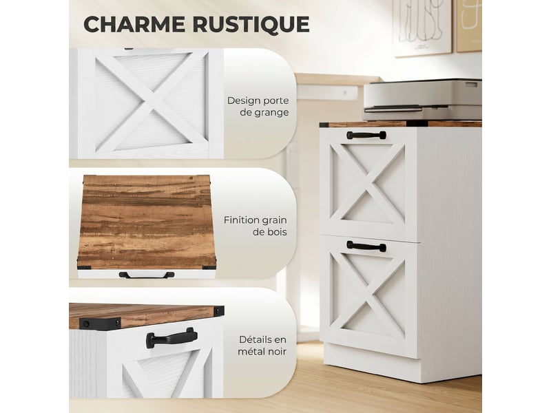  Caisson de bureau avec 2 tiroirs, dossiers suspendus pour formats lettrea4, style rustique, 40x40x71cm, blanc  - Conforama D