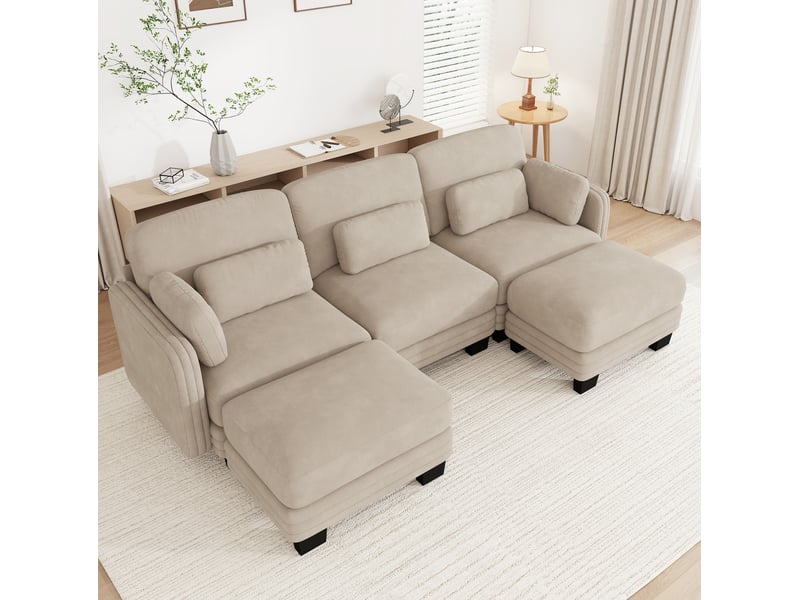 Canapé d'angle modulable en u 3 places avec 2 ottomans 253x143x88 cm en chenille café clair - Conforama W