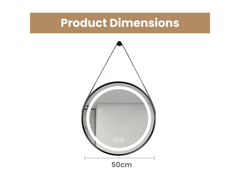 Miroir led rond 50 cm sangle noire cadre métal éclairage réglable commande tactile antibuée pour salle de bain - Conforama C
