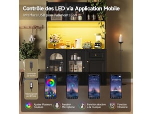 Buffet de cuisine noir avec led, vitrine colonne salle à manger, étagères réglables, meuble de rangement cuisine,120 x 35 x 167 cm