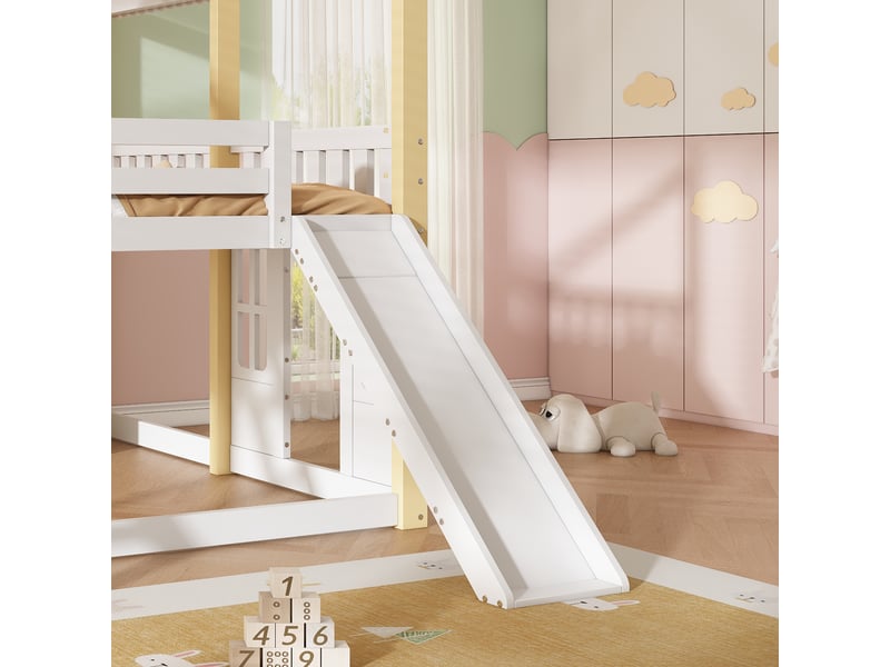  Lit mezzanine 90×200 cm avec toboggan, échelle et barrières, bois blanc et naturel sans matelas  - Conforama D