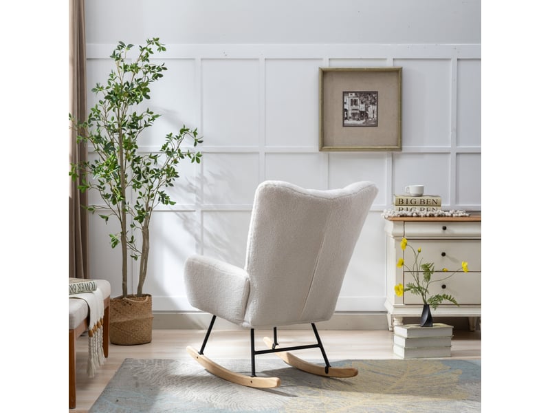  Fauteuil à bascule tissu bouclette avec poche, fauteuil allaitement blanc avec base en bois massif, 65x77x90 cm  - Conforama R