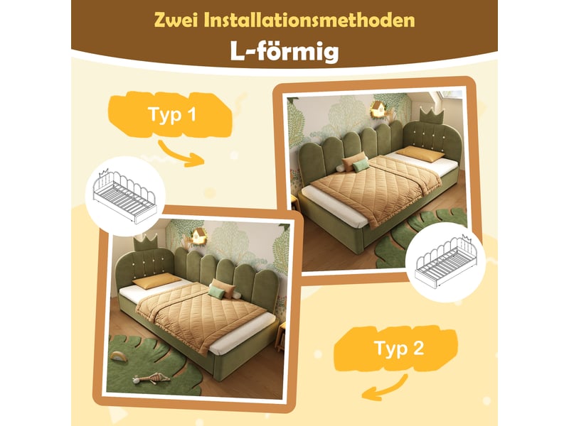  Lit gigogne 90x200 cm - lit 2 personnes avec lit tiroir 90x190 cm - velours - design couronne - vert  - Conforama E