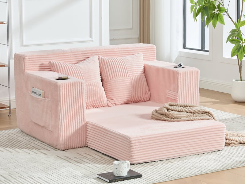  Canapé droit convertible 2 places, en velours côtelé, 2 coussins, porte-gobelet et poches latérales, 151 × 133 × 64 cm, rose YXY-0915-3 - Conforama B